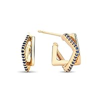 Interlocked Squares Created Blue Sapphires Hoop Earrings 14K Yellow Gold Finish