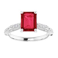1 CT Victorian Emerald Shape Ruby Engagement Ring 14k White Gold, Antique Ruby Diamond Ring, Vintage Genuine Red Ruby Rings, July Birthstone Ring For Her