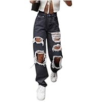 Ladies Straight Sexy Big Ripped Hip Hop Jeans Loose Boyfriend Distressed Denim Pant High Waist Wide Leg Hold Jeans