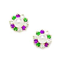14k Yellow Gold White 4x4mm Freshwater Cultured Pearl Red Green CZ Cubic Zirconia Simulated Diamond Screw Back Earrings Jewelry for Women