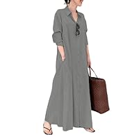 Womens Button Down Shirt Dress Cotton Linen V Neck Long Sleeve Casual Maxi Dress Loose Beach Sundress with Pockets