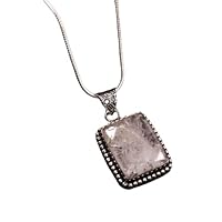 925 Sterling Silver Pretty Square White Quartz Gemstone Pendant With Chain Jewelry