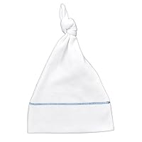 Organic Baby Hat - Knotted Newborn Hat - White with Blue Stitching, 3-6m