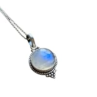 Sterling Silver 925 Round Rainbow Moonstone Pendant Necklace Gemstone Jewelry