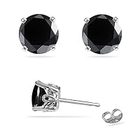 Round Black Diamond Stud Scroll Earrings AAA Quality in 14K White Gold Available in Small to Large Sizes