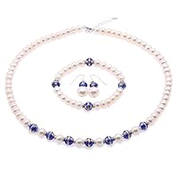 JYX Jewelry Set 7-8mm White Pearl Freshwater Cultured Pearl Necklace Bracelet and Earrings 3 Pieces Set