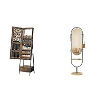 SONGMICS Full-Length Floor Mirror, 3-in-1, Modern Standing Full Body Boho Mirror, Round Mirror, LED Jewelry Armoire with Full-Length Mirror ULFM007Y01 & UJJC025X01