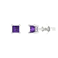 0.50 ct Princess Cut Solitaire Real Amethyst Pair of Stud Everyday Earrings Solid 18K White Gold Butterfly Push Back