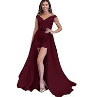 Sequin Jumpsuit Short Prom Dresses with Detachable Train Off The Shoulder Homecoming Party Gown