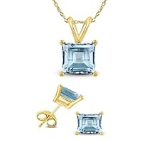 Paris Jewelry 18K Yellow Gold 3ct Aquamarine Square 18 Inch Necklace and Earrings Set Plated, Yellow Gold, created aquamarine cz
