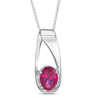 The Diamond Deal Lab Created Oval 6.00MM Red Ruby Gemstone July Birthstone Heart Pendant Necklace Charm in 10k SOLID White Gold With 18