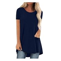 Summer Women Plus Size Tshirt Tops Trendy Casual Loose Fit Crewneck Tunic Tees Solid Color Short Sleeve Long Blouses