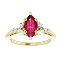 1 CT Trillium Marquise Ruby Ring 14k Gold, Elvish Red Ruby Engagement Ring, Dainty Ruby Diamond Ring, July Birthstone Rings, 15 Anniversary