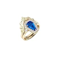 Art Deco 1 CT Blue Sapphire Halo 14K Engagement Ring Set Vintage Coffin Shaped Sapphire Wedding Ring Set Antique Bridal Promise Ring Set