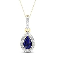 1 CT Pear Cut Created Blue Sapphire Halo Pendant Necklace 14k Yellow Gold Finish