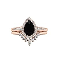 Teardrop 1.00 CT Black Onyx Engagement Ring Set Rose Gold Unique Black Stone Silver Halo Wedding Ring for Women Vintage Bridal Promise Rings for Her