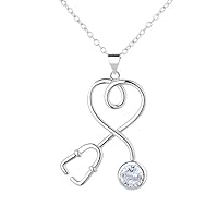Indi Gold & Diamond Jewelry Stethoscope Heart Pendant Necklace Round Cut Created White Diamond For Women's 14k White Gold Finish 925 Sterling Silver