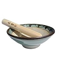 Made in Japan Mortar and Pestle Suribachi and Surikogi Set Medium 7.28 Inches Pale Blue green with Arabesque Pattern Authentic Mino Ware Pottery M88249