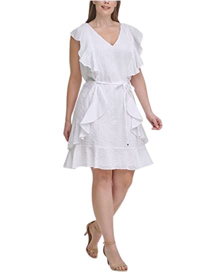 Tommy Hilfiger Womens White Zippered Ruffled Self-tie Waist Cap Sleeve V Neck Above The Knee Party Fit + Flare Dress Plus S