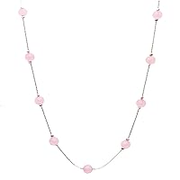 Rose Quartz Stone Beads Station Scatter Illusion Sterling Silver Chain Necklace Italy
