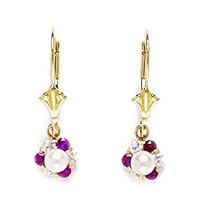 14k Yellow Gold Red CZ Cubic Zirconia Simulated Diamond Small Flower Drop Leverback Freshwater Cultured Pearl Earrings Jewelry for Women