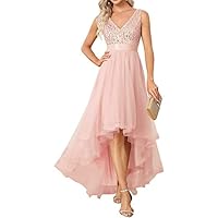 Prom Dresses for Women's Double V-Neck A-Line Sequin Sleeveless High Low Tulle Evening Party Gowns