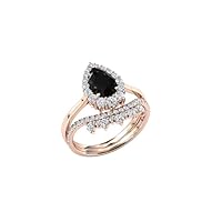 Unique Black Onyx 1.00 CT Engagement Ring Set For Women 14k Rose Gold Black Onyx Wedding Ring Set Pear Cut Black Onyx Bridal Anniversary Ring Sets