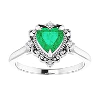 Vintage Halo 1 CT Heart Shape Emerald Diamond Ring 10K White Gold, Victorian Natural Green Emerald Engagement Ring, Antique Emerald Ring, Wedding Ring