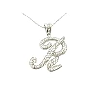 925 Sterling Silver Finish Round Diamond Set White Sapphire Initial R Script Pendant Cable Chain Necklace