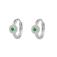 Girl's 14K White Gold Flower CZ Simulated Birthstone Huggie Hoop Earrings