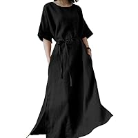 TIAFORD Women Summer Casual Linen Dress Flowy Loose Half Sleeve Belted Slit Crewneck Linen Maxi Dress with Pocket