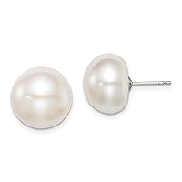 925 Sterling Silver 11 12mm White Freshwater Cultured Button Pearl Stud Earrings