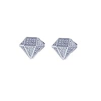 14K White Gold Plated Round Cut White AAA Cz Diamonds Micro Pave Setting Diamond Shape Studs Earrings With Screw Back