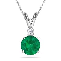 May Birthstone - Natural Round Diamond Accented Emerald Solitaire Pendant AA Quality in 18K White Gold From 3MM - 5.5MM