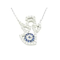 925 Sterling Silver Finish Round Diamond Set White & Blue Sapphire Evil Eye Angel Halo Pendant Necklaces