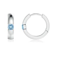 925 Sterling Silver Aquamarine Brilliant Cut Round 4.00mm Hoop Earrings With Rhodium Plated