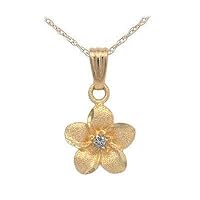 Girls 14K Yellow Gold Diamond Accented Plumeria Flower Pendant Necklace (15 In)