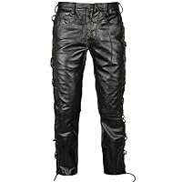 Vogue Wears Real Men's Cowhide Leather Pants Side Laced Up Bikers Jeans Pants