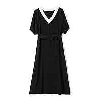 Silk Dress Women's Silk V-Neck Temperament Solid Black Skirt, V-Shaped Collar Waistband Elegant Clothing