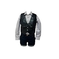Waist Coat For Women's Black Faux Leather sleeveless Frill Waist Coat with White Satin shirt & Blue Denim Shorts