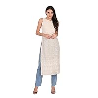 Indian Lucknowi Chikankari Pure Cotton Sleeveless Nyra Cut Straight Long Casual Kurti for Women (White)