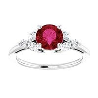 Trillium 1 CT Ruby Diamond Ring 14k White Gold, Elvish Red Ruby Ring, Round & Marquise Ruby Engagement Ring, July Birthstone Ring, 15 Anniversary