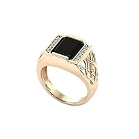 14k Vintage Black Onyx Engagement Ring For Men 6.5 CT Gold Signet Ring Emerald Cut Black Gemstone Wedding Ring Art Deco Filigree Style Ring For Him (8.5)