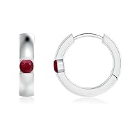925 Sterling Silver Ruby Brilliant Cut Round 4.00mm Hoop Earrings With Rhodium Plated