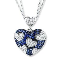 Solid 14K White Gold Plated 2.50 Ct Blue Sapphire & Diamond Love Heart Pendant