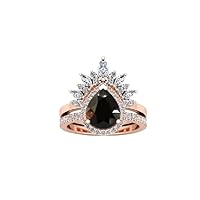 Pear 8X5mm 1.00 CT Natural Black Onyx Engagement Ring, Beautiful 2PCS Wedding Ring Set For Bride, Black Teardrop stone Rings set, Ring For Birthday