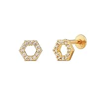 Yellow Gold Plated 925 Silver 0.12 ct (J-K Color, I1-I2 Clarity) hexagon bright silver piercing earring, hexagon diamond stud earring, gift for her.
