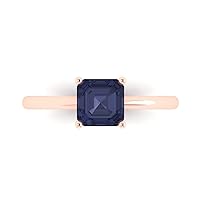 0.95ct Asscher Cut Solitaire Simulated Blue Sapphire 4-Prong Classic Designer Statement Ring Solid 14k Rose Gold for Women