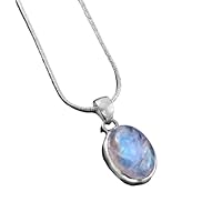 925 Sterling Silver Gemstone Oval Rainbow Moonstone Pendant With Chain Gift Jewelry