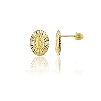 14K Yellow Solid Gold High Polished Diamond Cut Textured Oval Virgin Mary Hat Screw Back Stud Earrings | Stud Earrings | Hat Screw Backs | Fine Jewelry | Solid Gold Stud Earrings for Women and Teens